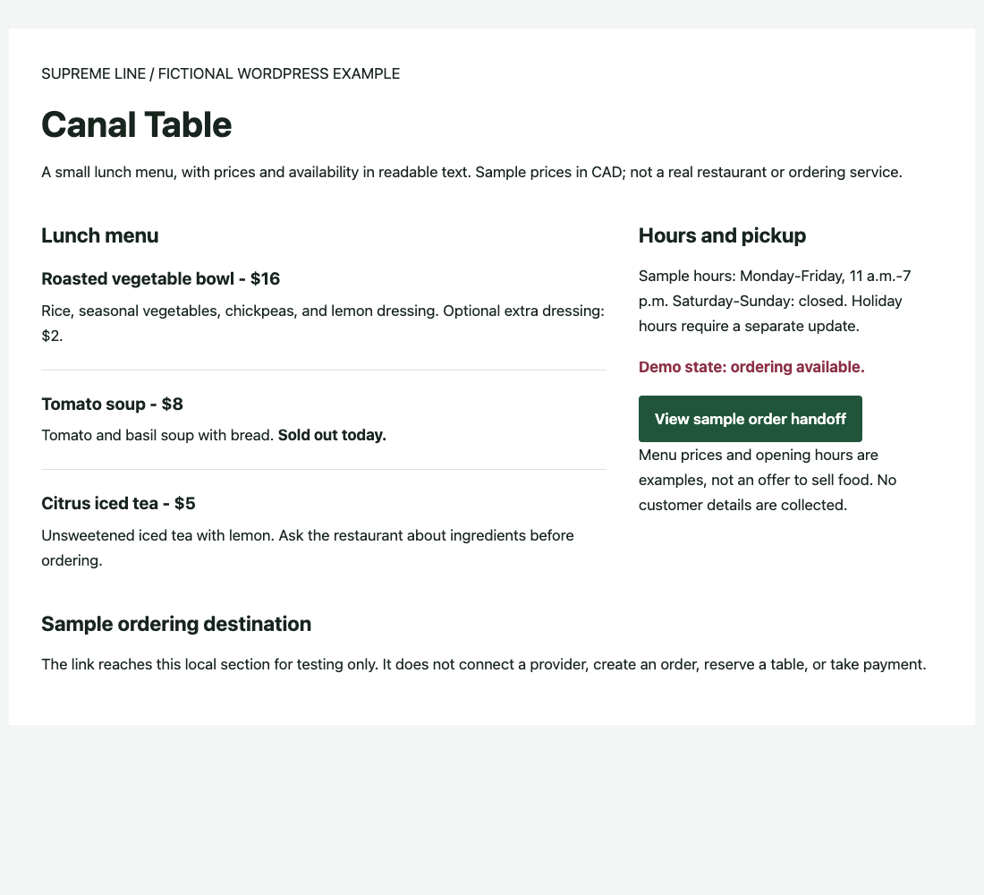 How to Build a Restaurant Website: Menu, Ordering, and Mobile Setup Desktop rendering of the fictional Canal Table WordPress menu, with readable item prices, a sold-out soup, and pickup information