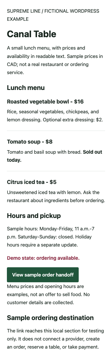 How to Build a Restaurant Website: Menu, Ordering, and Mobile Setup Mobile rendering of the same fictional menu, with menu items stacked above hours and the sample ordering handoff