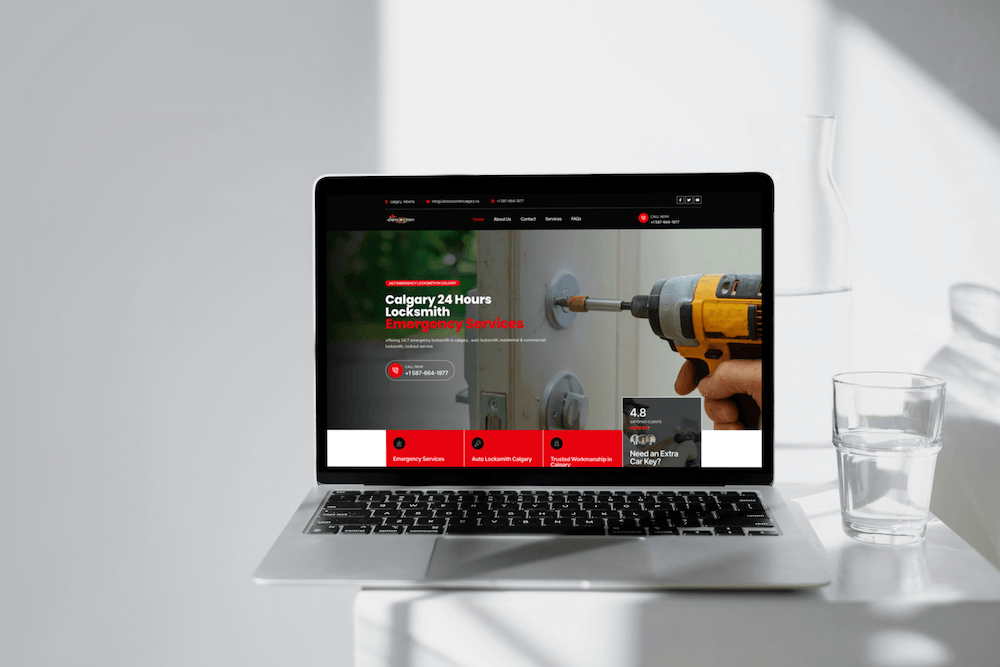 Website mockup for 24HR Locksmith Calgary showing emergency locksmith services and call-to-action sections.