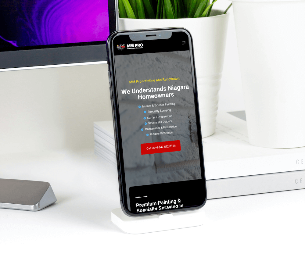 Website mockup for MM Pro Painting & Renovations showing painting, renovation, and home improvement services in Niagara.