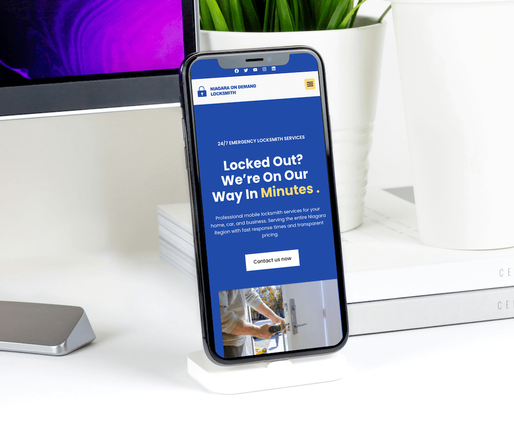 Website mockup for Niagara On Demand Locksmith showing local locksmith services and emergency contact sections.