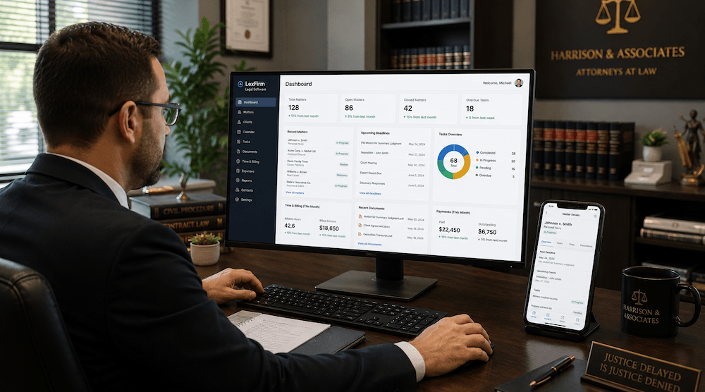 Legal CRM dashboard with client intake and matter tracking