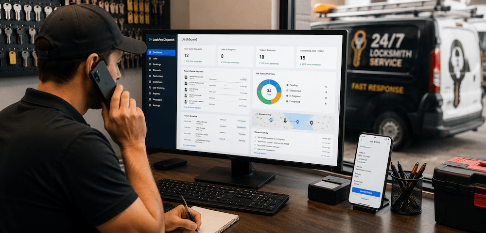 Locksmith CRM dashboard with emergency dispatch and job tracking