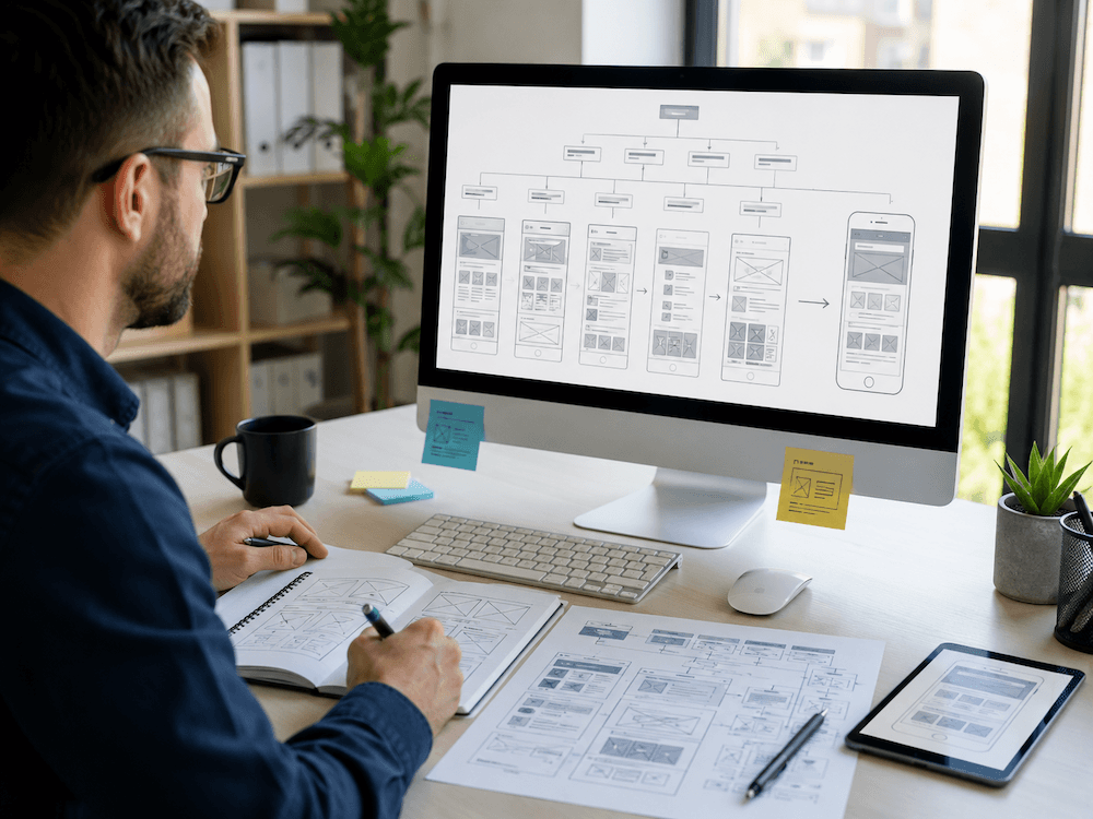 Website sitemap planning, page hierarchy, wireframes, and customer journey planning