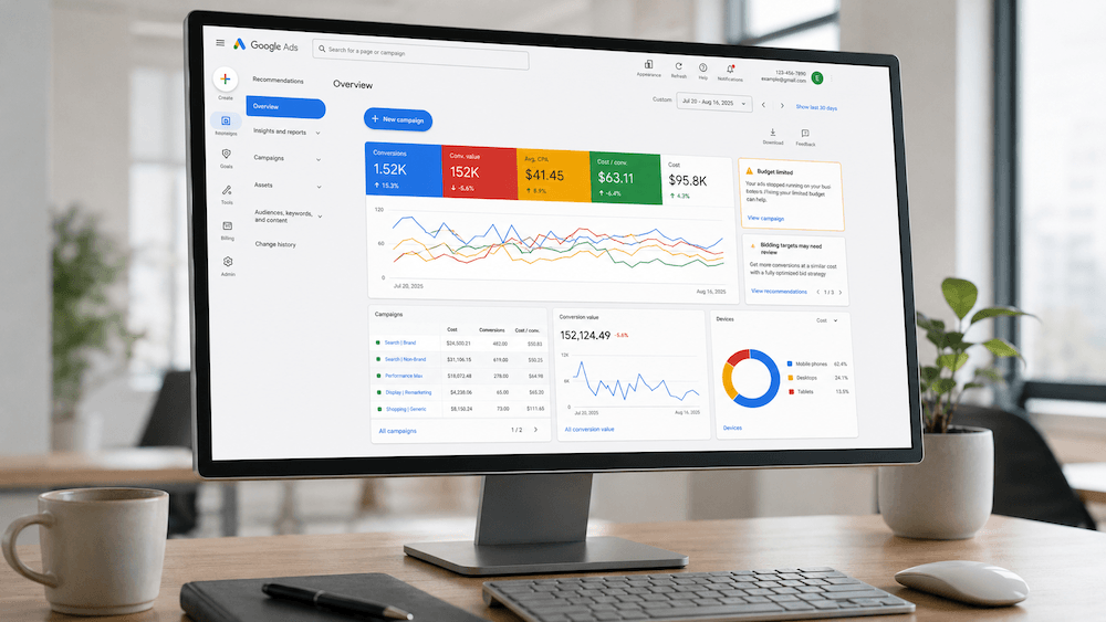 Home Google Ads dashboard showing campaign performance, conversions, CPA, cost data, and a limited by budget warning before the August 17, 2026 bidding change.