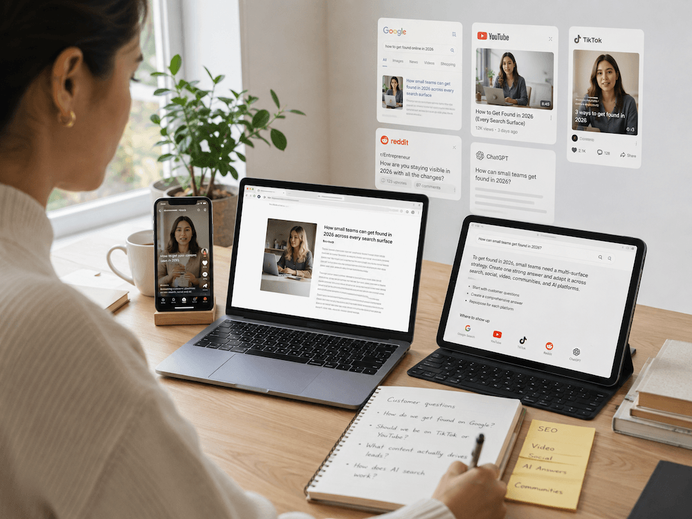 Marketing professional planning online visibility across Google, YouTube, TikTok, Reddit, ChatGPT, social media, and AI search platforms.