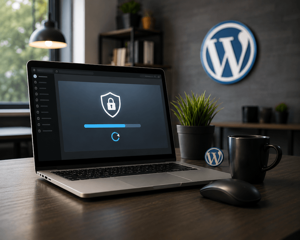 Home Laptop showing a WordPress security update screen with a lock icon, representing WordPress 7.0.4 website security and protection.